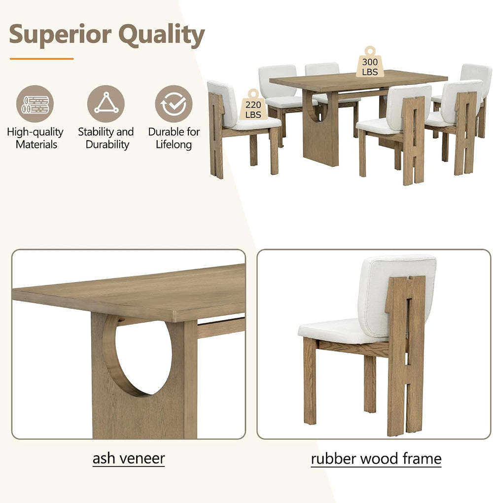 Merax Wood Dining Table Set for 6, Rectangular Tabletop/Upholstered Chairs/Re...