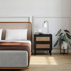 Sango Orre 2-Drawer Nightstand, Modern Black Bedside Table with Synthetic Rattan Drawer Panels, Cylindrical Wood Legs, Discreet Finger Pulls, Smart Storage for Living Room or Office Room