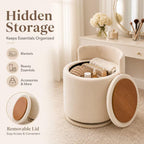 Velvet Ottoman with Storage and Back 360°Swivel Makeup Chair 17" D x 17" W x 20" H Multipurpose Soft Seat Ottoman Small Side Table Hallway Footstools for Living Room Dorm (Cream)