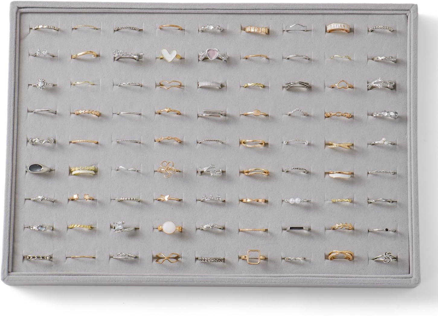 Large Jewelry Organizer for Drawer Insert Velvet Stackable Jewelry Trays for Earring Necklace Bracelet Ring Display (Gray, Ring 100 Slots)