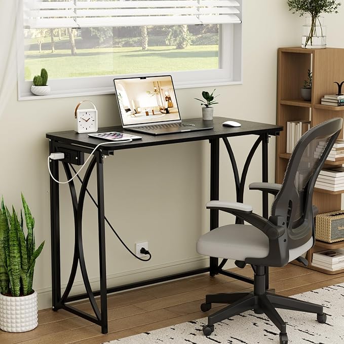 Folding Desk, 31.5" Small Desk for Bedroom with Power Outlet, Space Saving Foldable Computer Desk for Home Office, Easy Assembly, Black