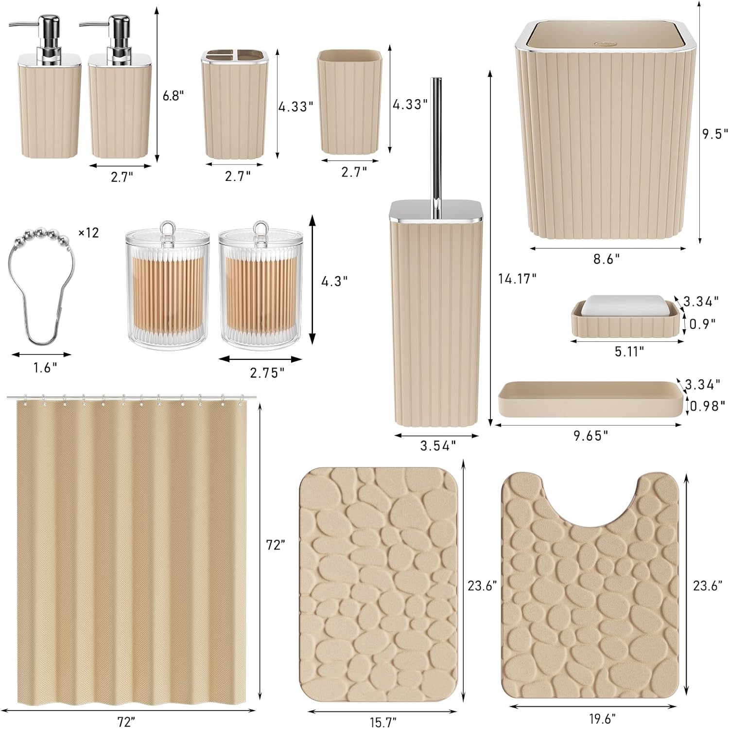 Bathroom Accessories Set - 25PC Bathroom Sets with Shower Curtain and Rugs, Beige Bathroom Set with Trash Can, Soap Dispenser, Soap Dish & Toilet Brush