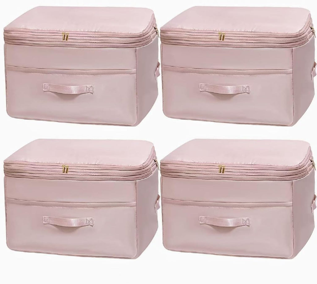 Ultra Space Saving Self Compression Organizers, 4 Pack Double Zipper Compression Packing Cubes for Bedding, Comforter Storage Bag for Blankets Duvet Quilts Pillows Queen King (Pink, X-Large)