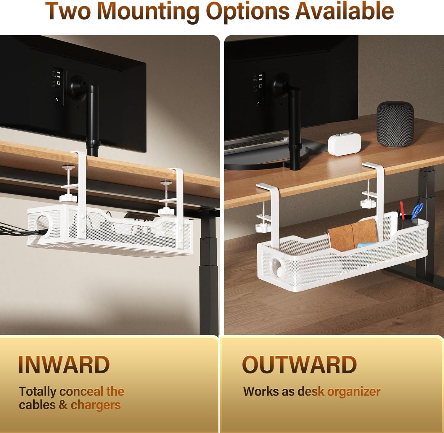 [Upgraded] 2 Pack Under Desk Cable Management Tray, Cinati Cord Organizers for Table Thickness up to 3", 16" Wire Organization with Clamp No Drill, Cable Management Box for Office - No Damage to Desk