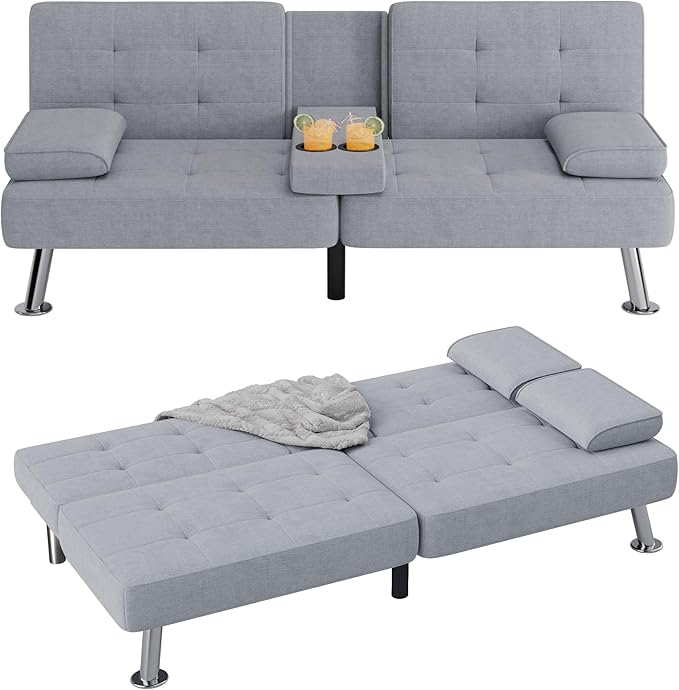 Flamaker Futon Sofa Bed Modern Folding Futon Set Linen Fabric Convertible Rec...