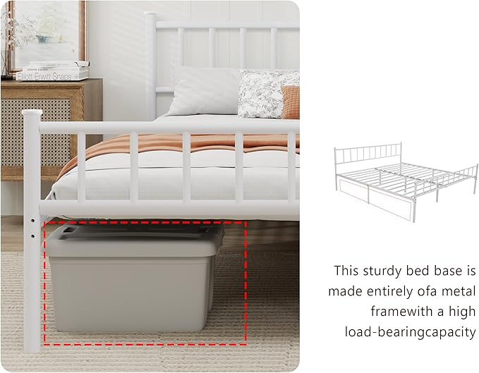 Metal Platform Queen Bed Frame with Headboard Sturdy Steel Slats Support No Box Spring Needed Easy Assembly White