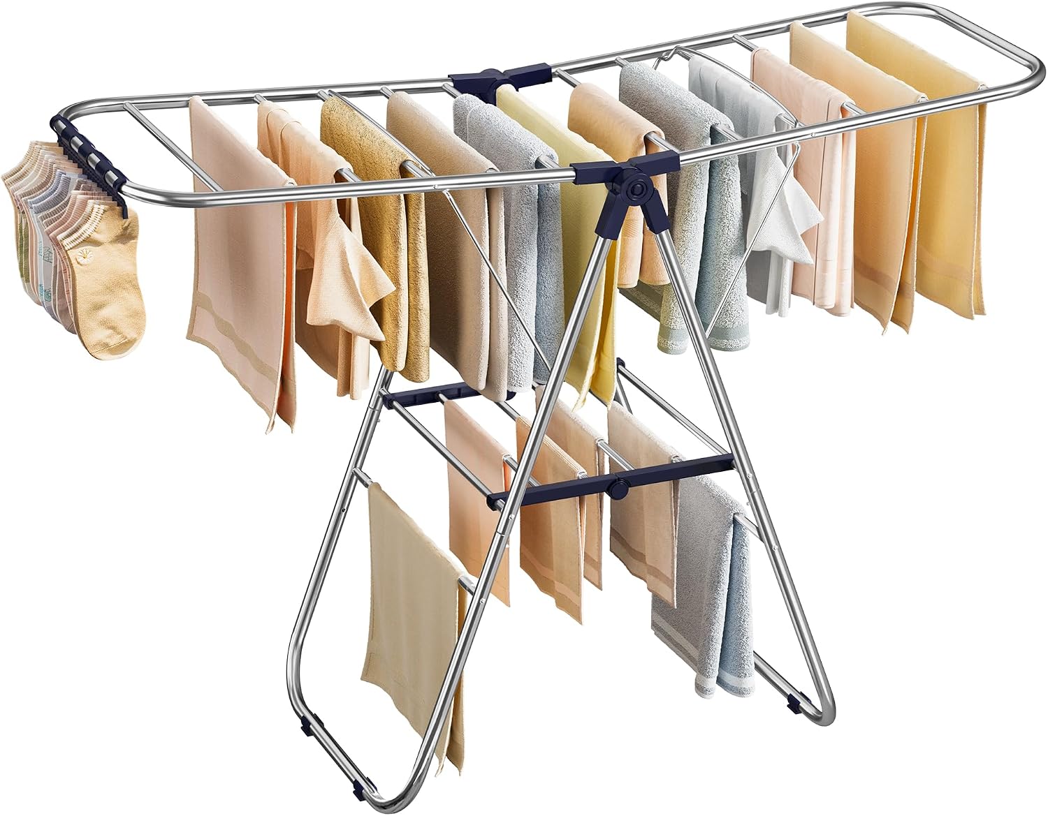 SONGMICS Clothes Drying Rack, Foldable Laundry Drying Rack, Sock Clips, Metal Clothes Airer with Height-Adjustable Gullwings, Space-Saving, Indoor Outdoor, 17 x 51.2 x 39 Inches, Blue ULLR505EQ01