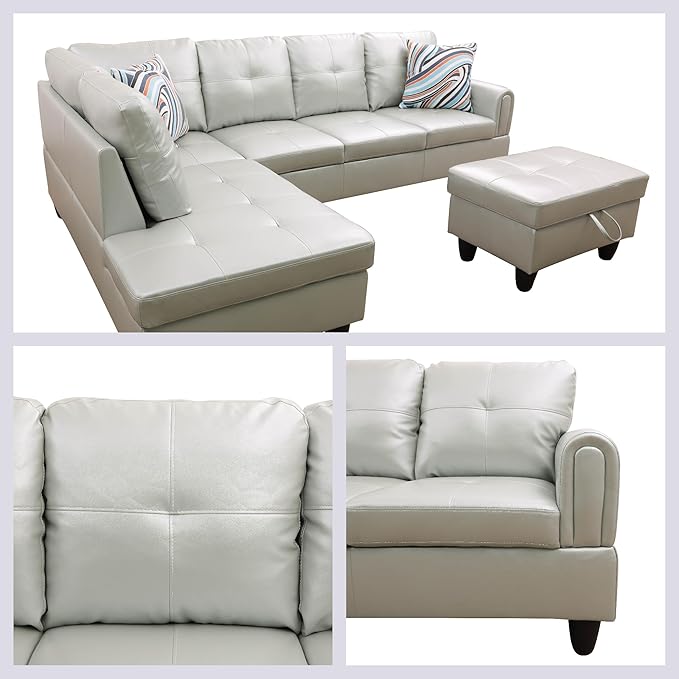 L Shaped Couch Sectional Couches with Chaise and Storage Ottoman, 3 Pieces Modular Convertible Sofa for Living Room Furniture Sets and Small Apartment Faux Leather, Silver Green