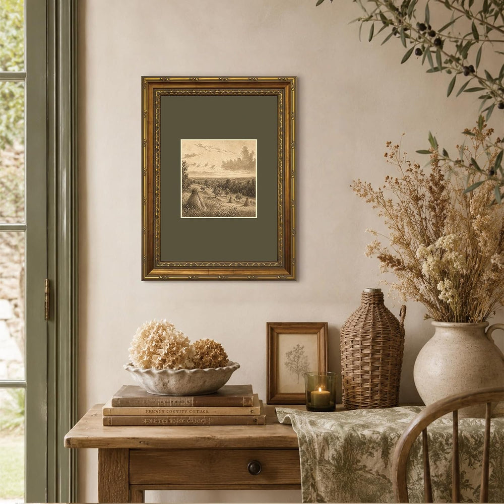 Haystacks in Countryside Wall Art, Vintage Sepia Framed Canvas,12 x 16 In