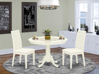 East West Furniture HLIP3-LWH-C 3 Piece Modern Dining Table Set Contains a Round Wooden Table with Pedestal and 2 Linen Fabric Upholstered Dining Chairs, 42x42 Inch, Linen White