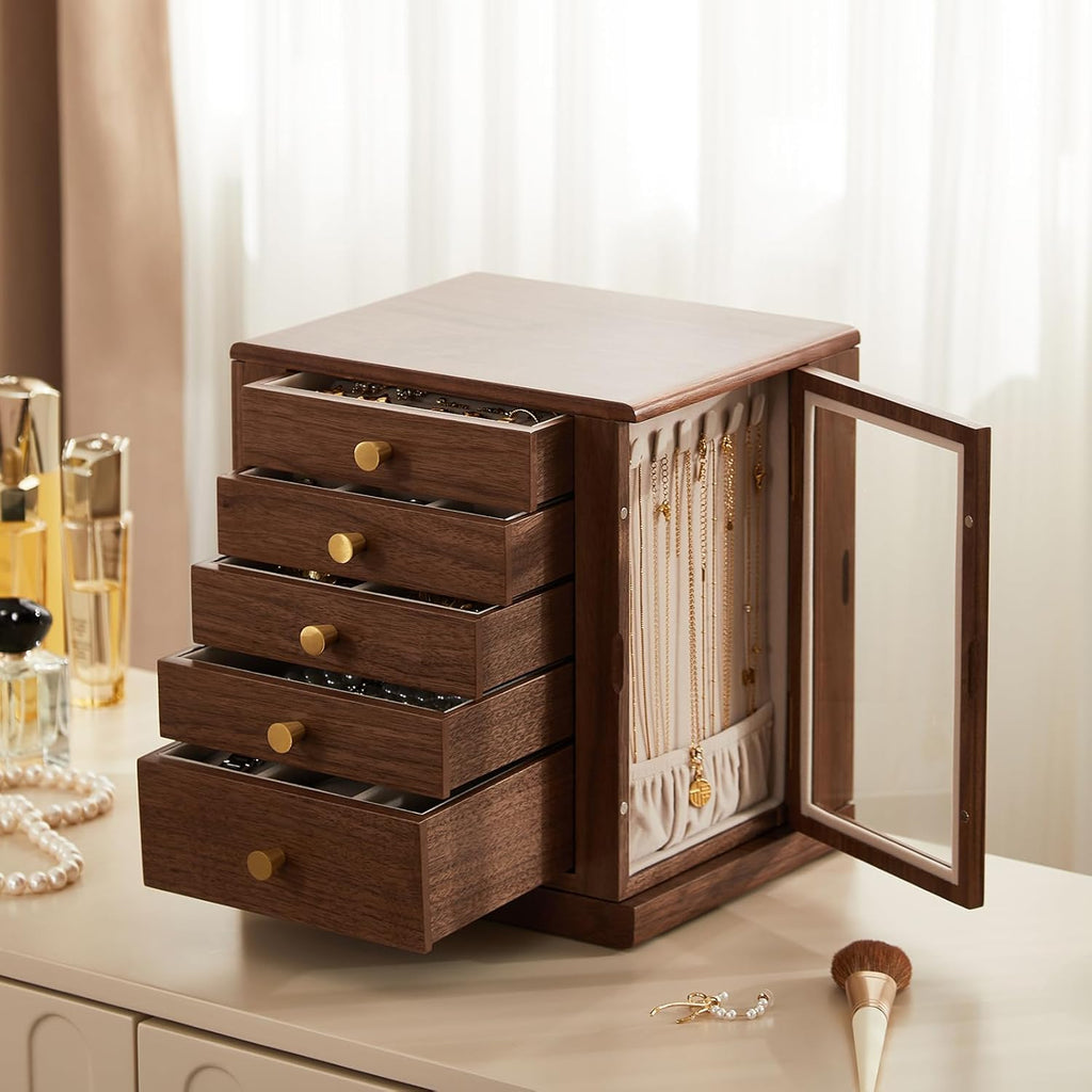 CHOSIN Black Walnut Wooden Jewelry Box, 360° Rotating Organizer with Glass Lid, 5 Drawers for Earrings, Rings, Necklaces – Vertical Jewelry Storage for Women Christmas Gifts