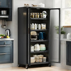65" Kitchen Pantry Cabinet with Transparent Door – 6-Tier Metal Storage Cabinet for Food, Adjustable Shelves & Wheels, Freestanding Pantry Organizer for Kitchen, Dining Room, Living Room， Gray