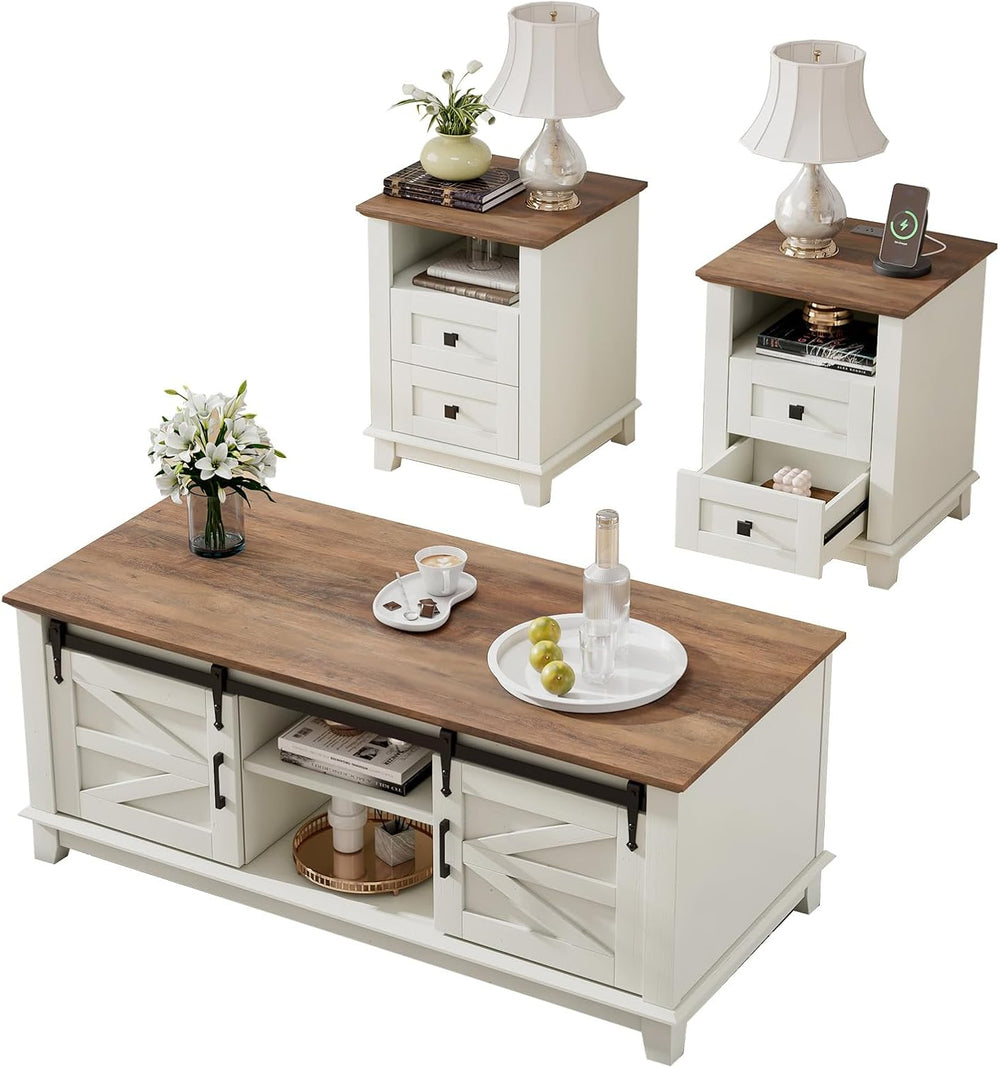 LUXOAK Farmhouse Table Set of 3, Coffee Table with Sliding Barn Doors, End Ta...