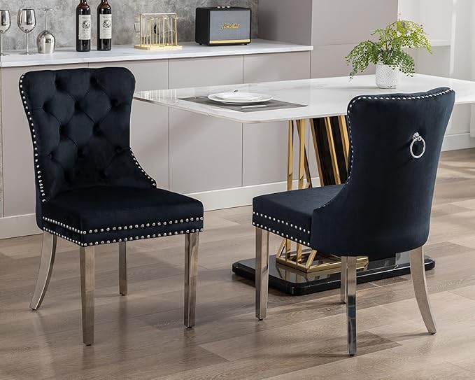 KCC Velvet Dining Chairs Set of 2, Upholstered High-end Tufted Dining Room Chair with Nailhead Back Ring Pull Trim Stainless Steel Legs, Contemporary Nikki Collection Modern Style for Kitchen, Black