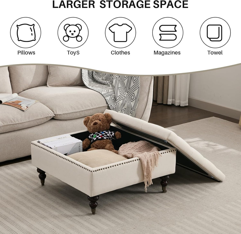 Large Square Storage Ottoman Uphlostered Tufted Button Coffee Table, Beige
