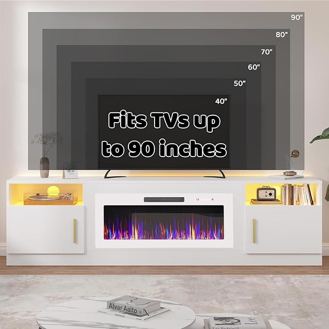 Lemberi Fireplace tv Stand with 36 inch White Fireplace Up to 90" TVs, LED Light Entertainment Center and Storage, 80" Modern Wood Media TV Console with Highlight Cabinet for Living Room