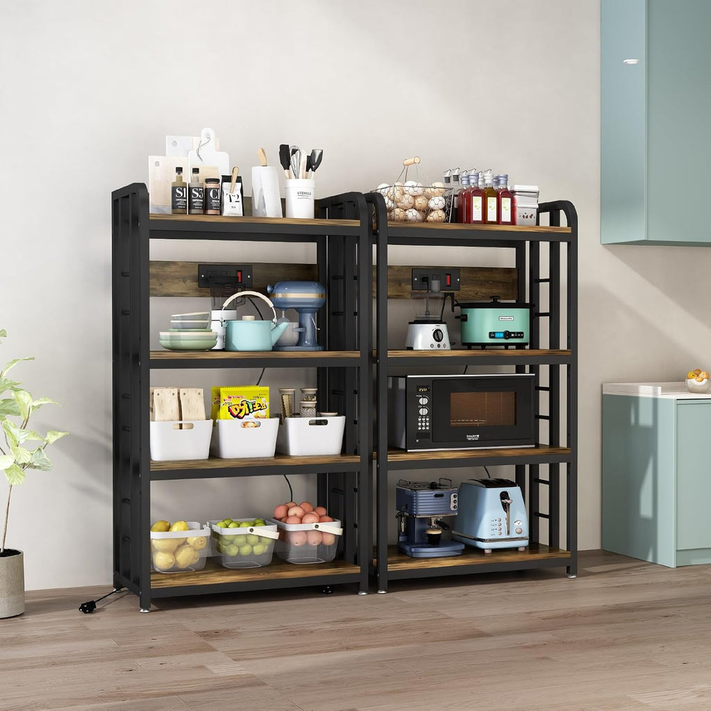 SIREDEEP Bakers Rack with Power Outlet ，4-Tier Kitchen Baker's Rack,Microwave Stand with Storage Suitable for Kitchen, Living Room, Dinning Room，Coffee Bar(Rustic Brown)