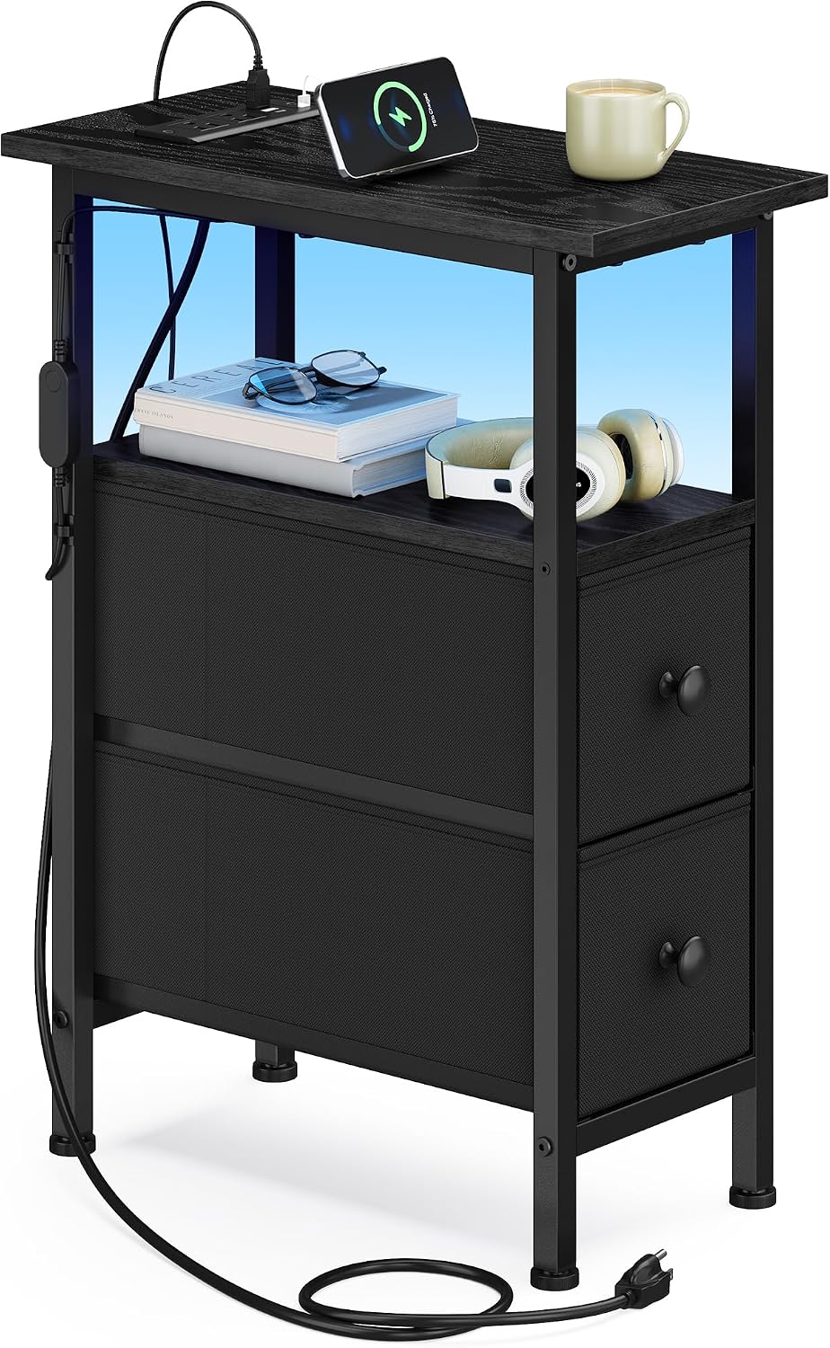 SONGMICS Side Table with LED Light, Narrow End Table with 2 Fabric Drawers