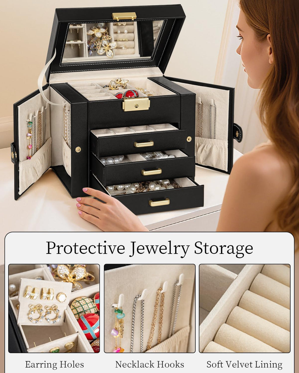 TORIBIO Jewelry Box for Women, Leather Jewelry Organizer with Mirror & Lock, 4-Tier Jewelry Storage Organizer with 3 Drawers for Girls/Women/Mothers, Necklace Earring Bracelets Holder Organizer