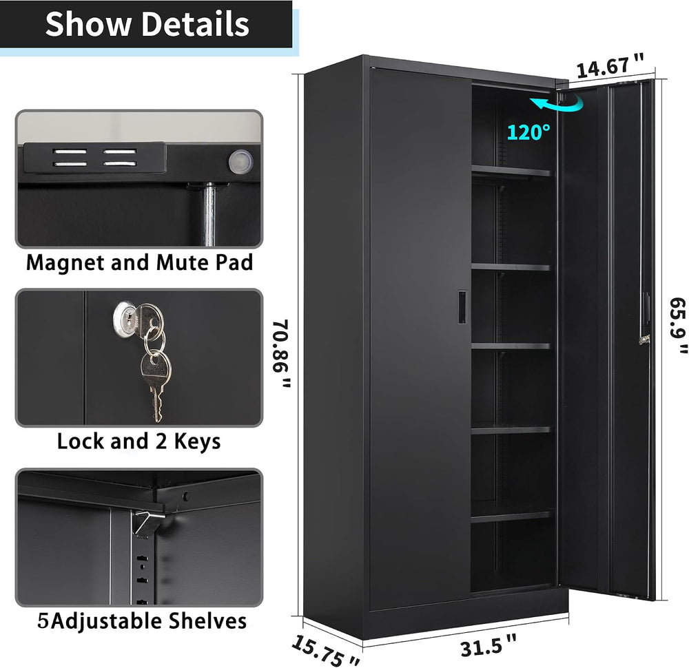 Wanfu Metal Storage Cabinet, 71”H Metal Garage Cabinet with 5 Adjustable Shel...