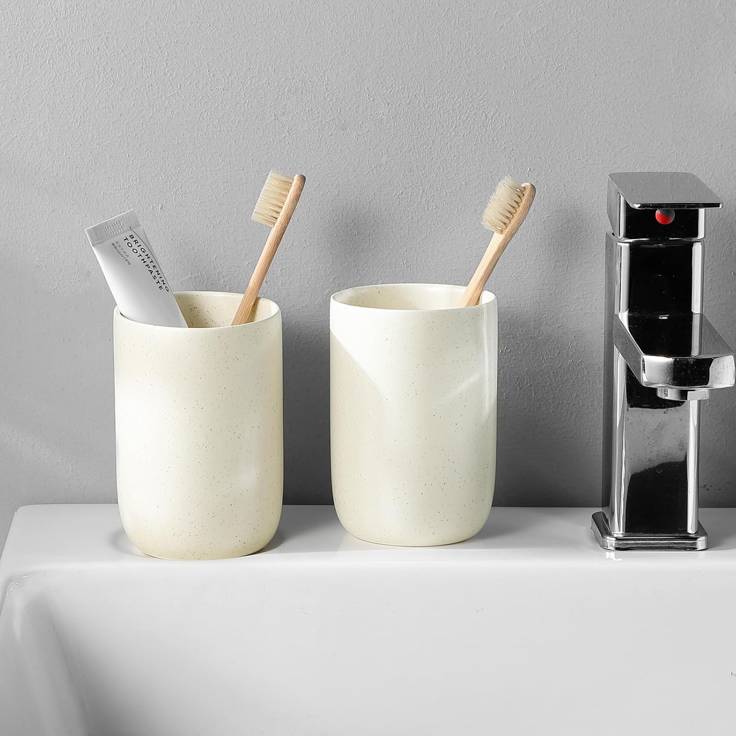 Beige Toothbrush Holders for Bathrooms - 2 Cups Ceramic Toothbrush Toothpaste Holders Set, Beige Bathroom Tumbler Cups Reusable Toothbrush Mouthwash Cup, Bathroom Counter Organizer