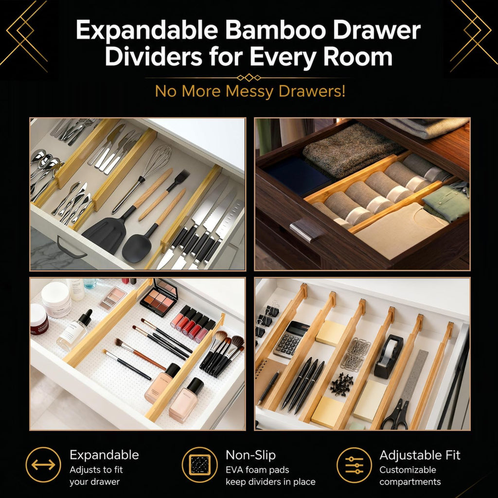 Adjustable Bamboo Drawer Dividers Expandable 8 Pack 17-22 Organizer
