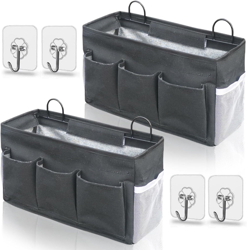2pcs 3-pockets Large Wall Hanging Organizer Bag, Linen Fabric Door Hanging Storage Baskets with Pockets, Waterproof Bin for Kitchen, Bedroom, Office, RV Camper (Black-2pcs)