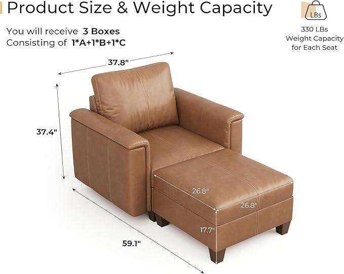 SITJOY Faux Leather Modular Sectional Sofa with Storage, Mid Century Modern Sectional Couches for Living Room, Soft Padded Armrests, Chaise Lounge with Ottoman, Brown