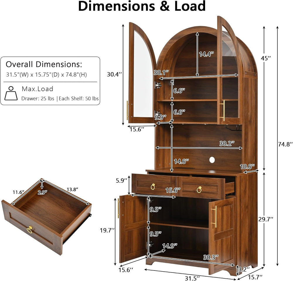 Merax 74.8'' Tall Arched Kitchen Pantry Cabinet, Mid-Century Modern K...