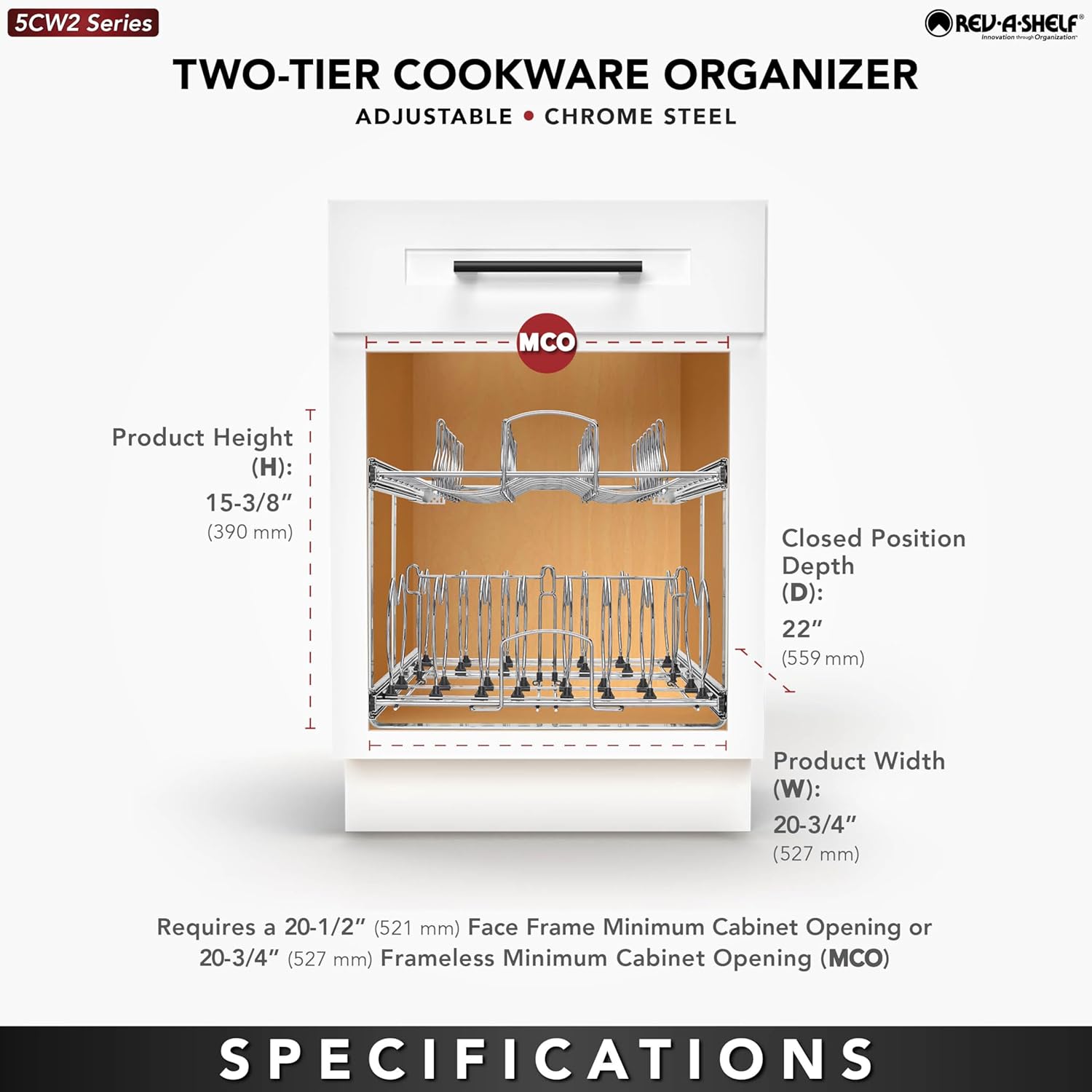Rev-A-Shelf 2-Tier Kitchen Cabinet Pullout 20.75" Cabinet Organizer for Pots, Pans, and Lid Cookware, Adjustable Heavy Duty Wire, Chrome, 5CW2-2122-CR