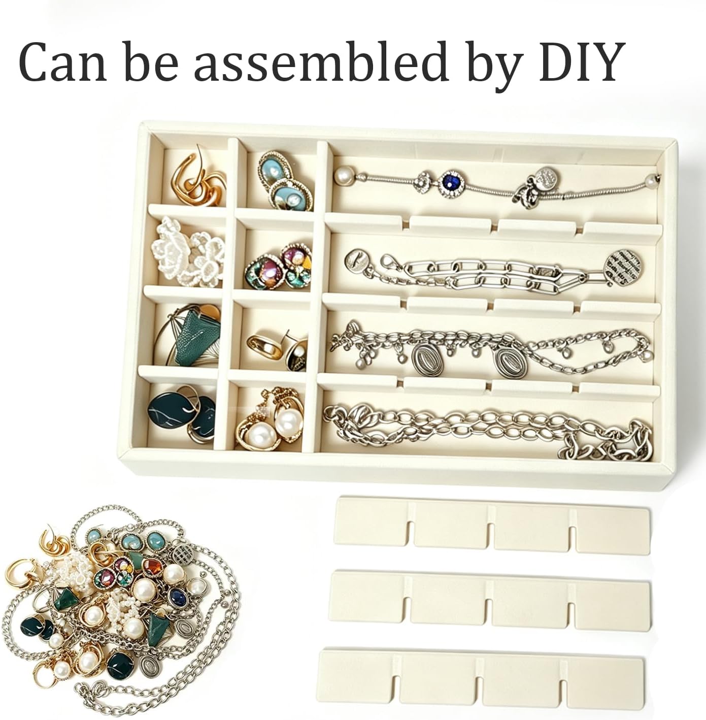 Velvet Jewelry Drawer Organizer Trays, 4 Pack Stackable Jewelry Storage Inserts Set, Beige Jewelry Tray Set with Removable Dividers for Earrings, Necklaces, Rings, Bracelets for Vanity & Dresser