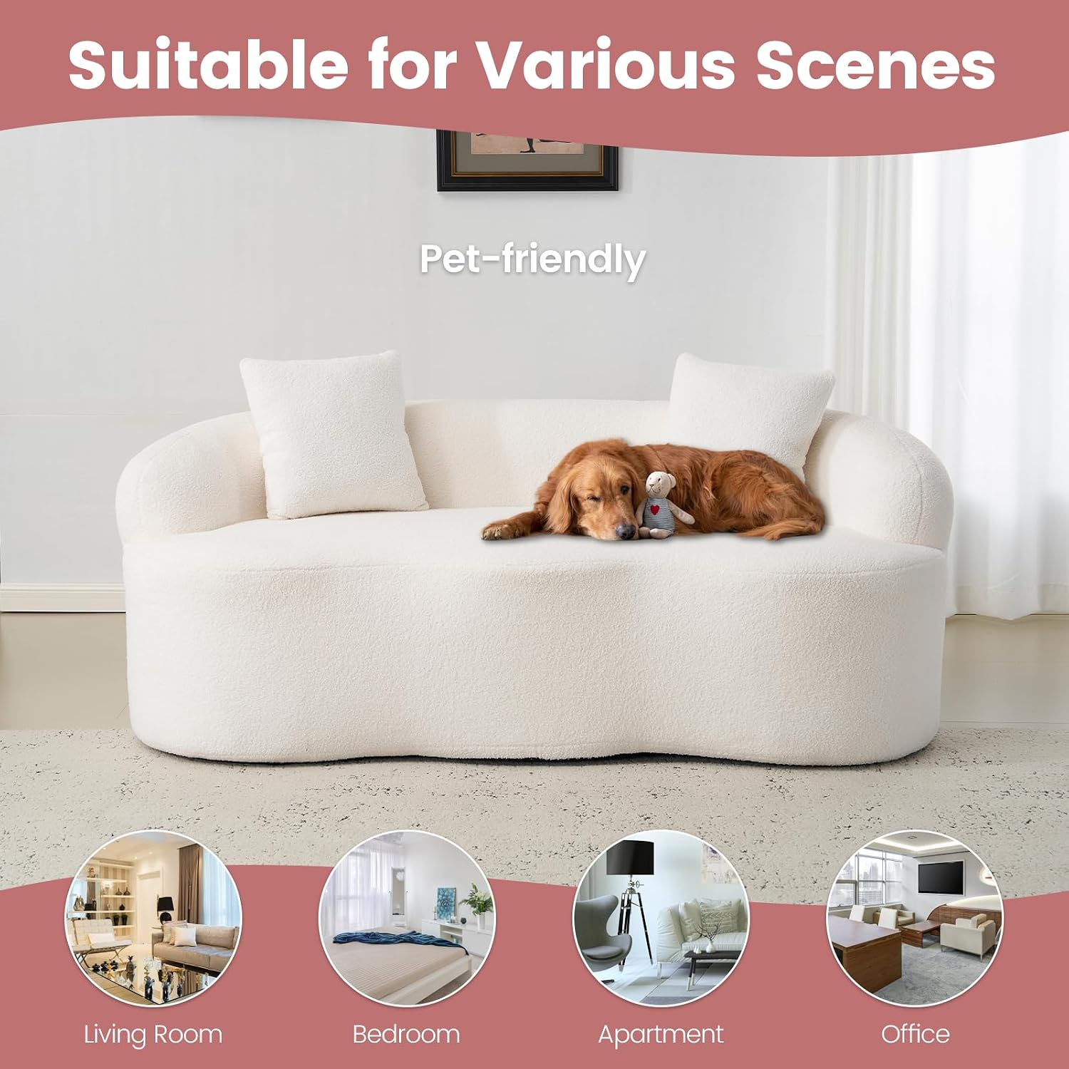 72” Curved Loveseat Sofa, Modern Teddy Boneless Couch with 2 Pillows for Small Spaces Living Room Bedroom, No Assembly Required (Cream White)