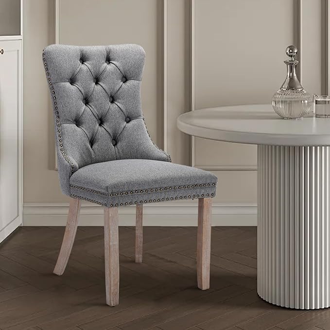 Linen Upholstered Dining Chairs Set of 6, Modern Style Kitchen Side Chairs with Nailhead Trim and Wood Leg, Metal Pulling Ring for Dining Room Living Room(Smoky Gray,Set of 6)
