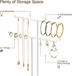 pickpiff Necklace Holder Jewelry Organizer Stand – 2‑Tier T‑Bar Jewelry Display Tree with Tray for Countertop Necklace Bracelet Earring Storage, Vanity Dresser Bathroom Sink, White