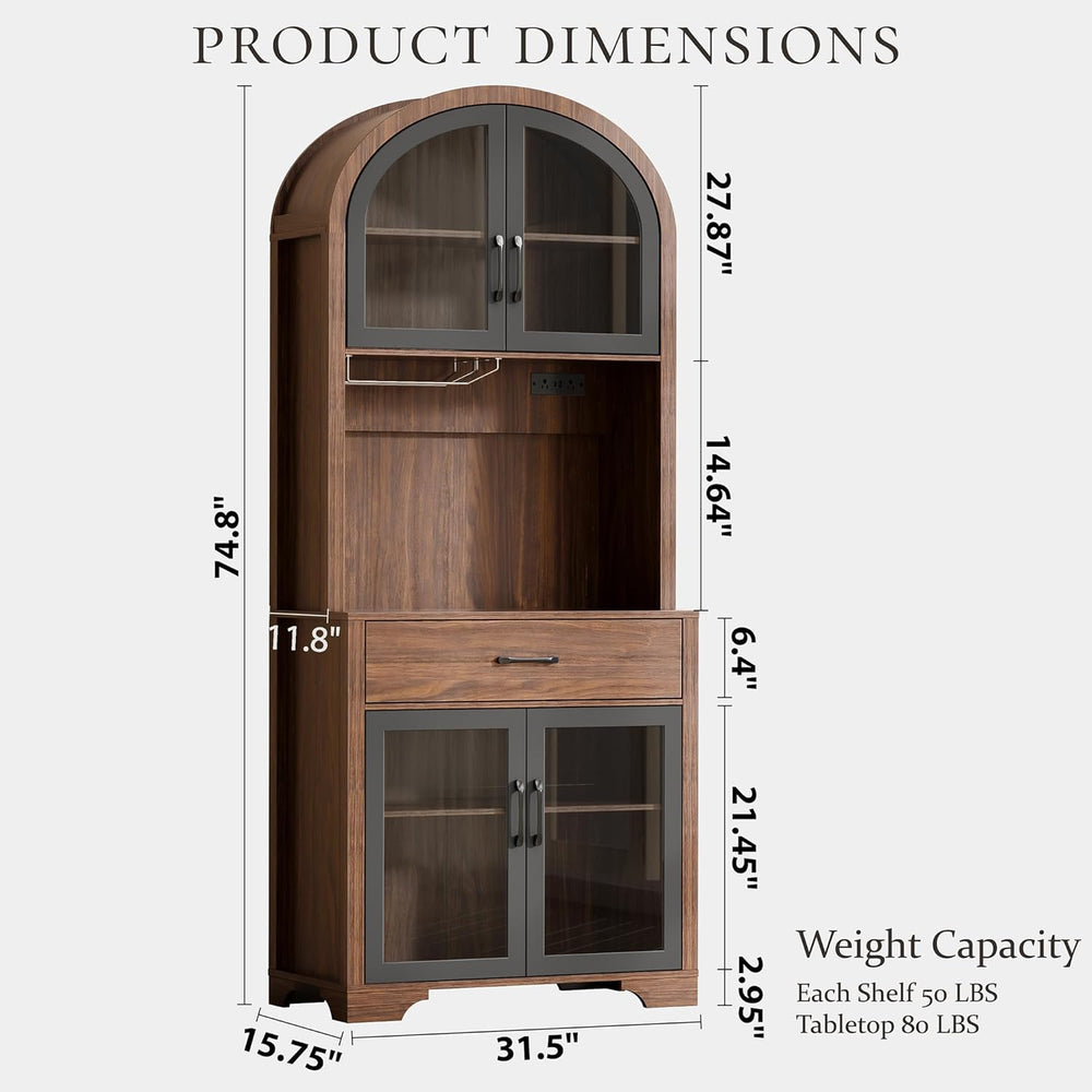 75" Tall Arched Pantry Cabinet with Charging Station & LED Light, Ki...