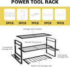 Power Tool Organizer Wall Mount, 3-Tier Heavy Duty Metal Rack Loads 180lbs with 4 Drill Holders and Side Hooks, Tool Battery Utility Rack Suitable Garage﻿