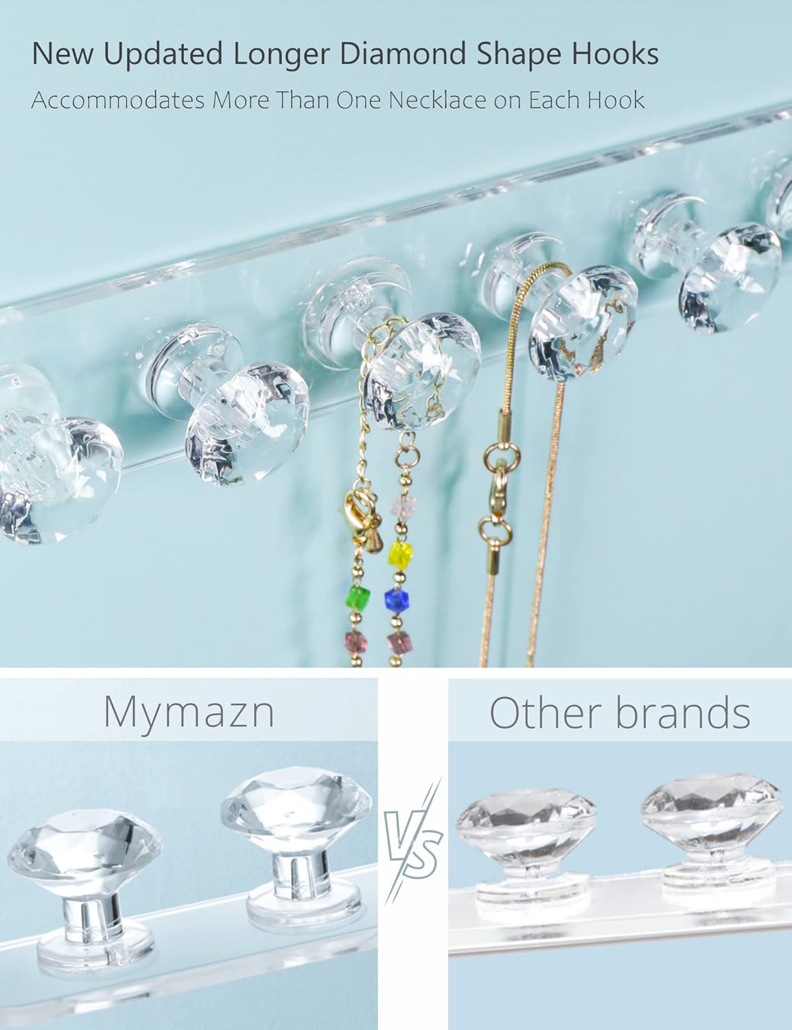 Mymazn 2 Pack Acrylic Necklaces Holder Hanging Jewelry Organizer Wall Mounted Necklace Hangers with 12 Hooks, Clear Jewelry Hangers for Necklace Organizer for Girls Women, Necklace Hooks for Wall