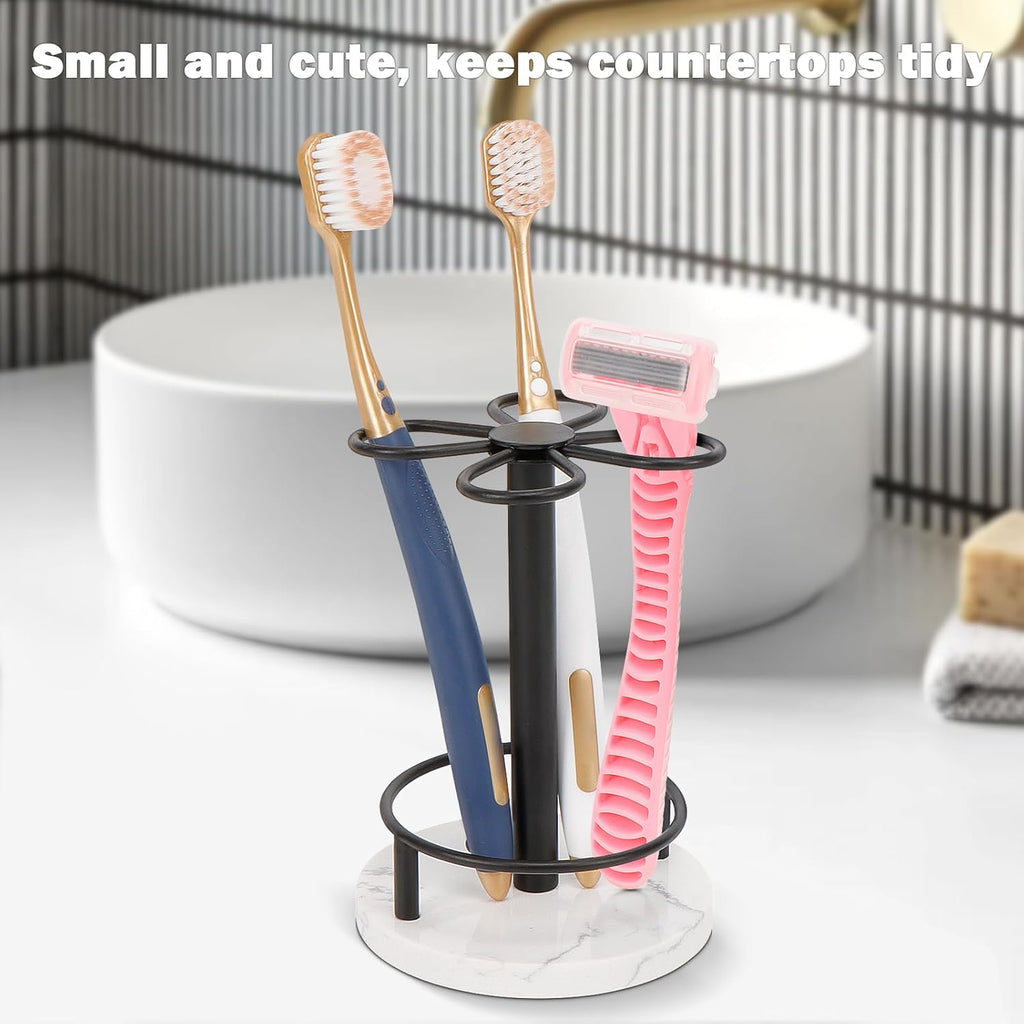 HarJue Toothbrush Holder Stand for Bathroom, Metal Toothbrush Organizer with Marble Base, Toothbrush Storage Collection for Family, Suitable for Home Hotel Countertop Vanity (Small, Matte Black)