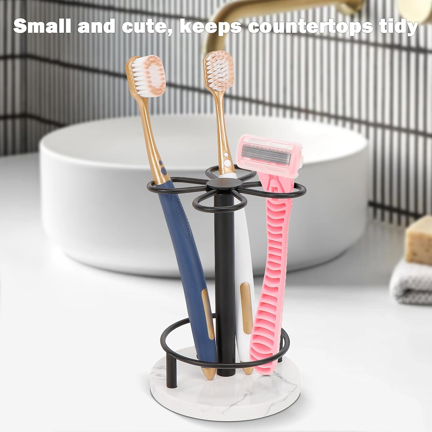 HarJue Toothbrush Holder Stand for Bathroom, Metal Toothbrush Organizer with Marble Base, Toothbrush Storage Collection for Family, Suitable for Home Hotel Countertop Vanity (Small, Matte Black)