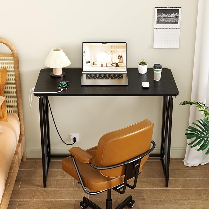 Folding Desk, 31.5" Small Desk for Bedroom with Power Outlet, Space Saving Foldable Computer Desk for Home Office, Easy Assembly, Black