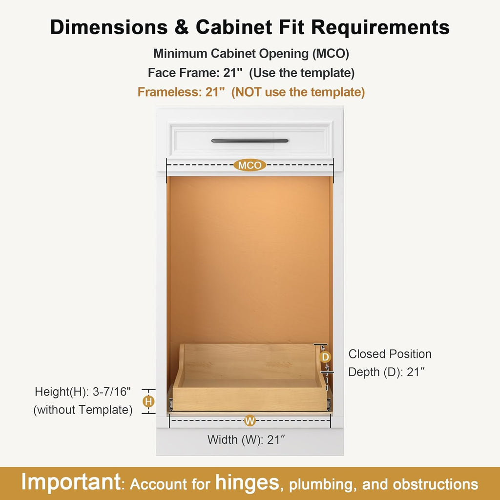 ALINE FURNITURE Birch Pull Out Drawers for Cabinets, 21" W x 21" D x 6" H Soft-Close Slide Out Drawer for Kitchen Cabinets, Pull Out Shelves, Pantry Cabinet Organizer, with Pre-Drilled Wood Template