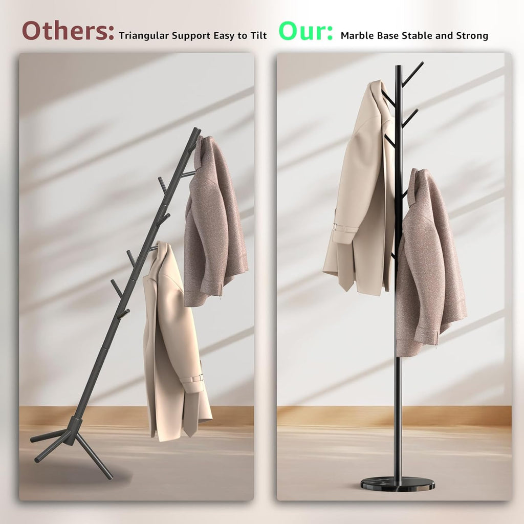 HzTinT Coat Rack with Natural Marble Base, Metal Freestanding Coat Rack with 8 Hooks, 3 Adjustable Size Sturdy Coat Tree for Bags, Coats, and Hats for Entryway, Hallway, Bedroom, Office, Black