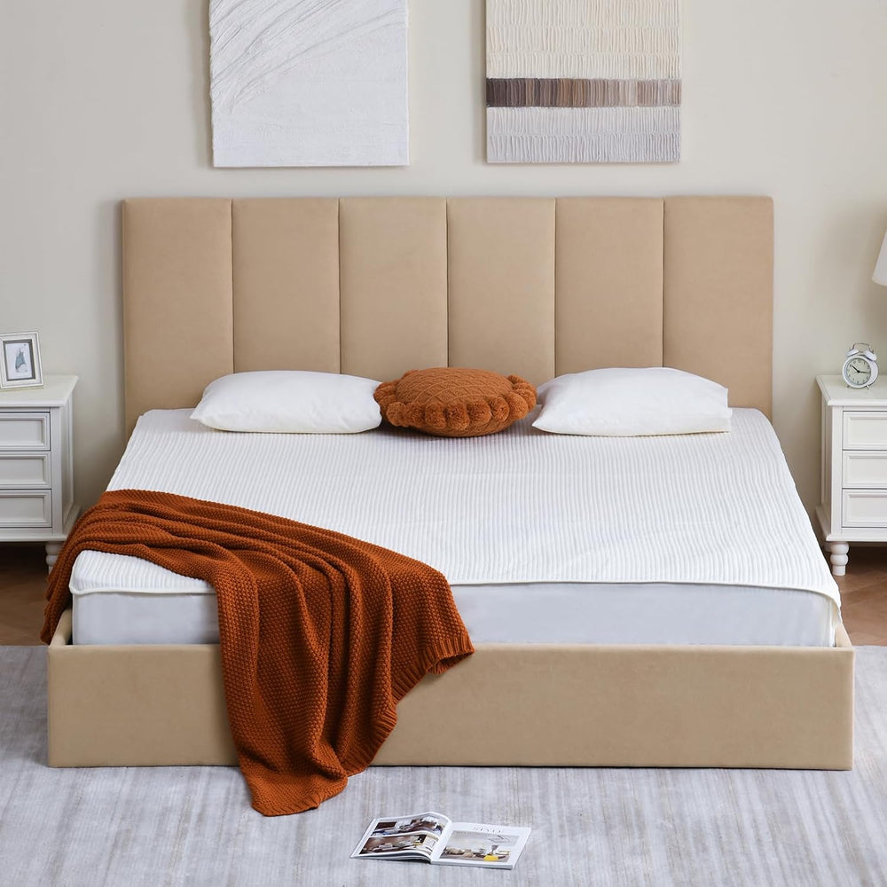 VELOCAVA King Size Upholstered Lift-Up Storage Bed, Beige Linen-Look Fabric B...
