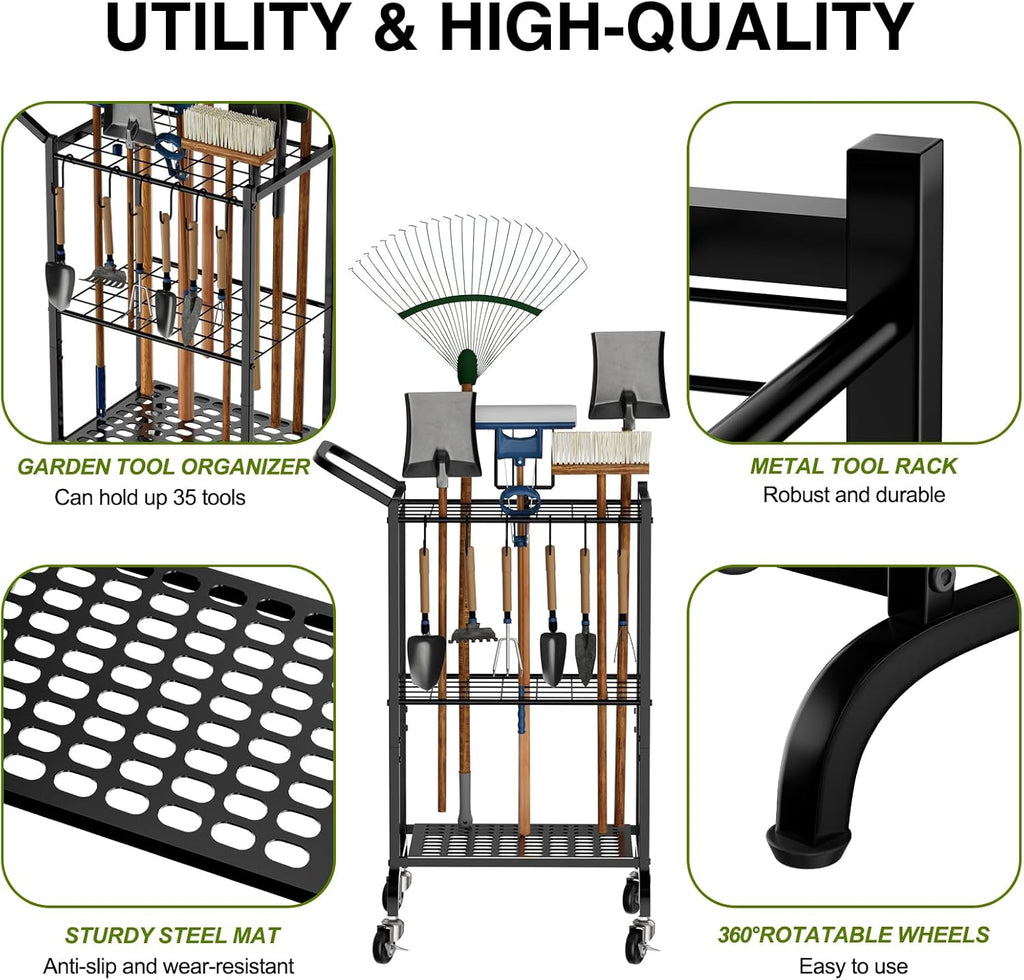 Garden Tool Organizer with Wheels, Yard Tool Tower Rack for Garage Organization and Storage, Up to 35 Long-Handled Tools,Metal Tool Holder with 6 Hooks, Black