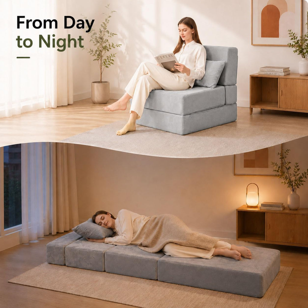 Folding Sofa Bed, Convertible Sleeper Chair, No Assembly (Gray) | Boneless Sofa Couch, Foldable Mattress & Back Support, Portable Floor Lounger Futon for Small Apartment, Dorm, Guest Room