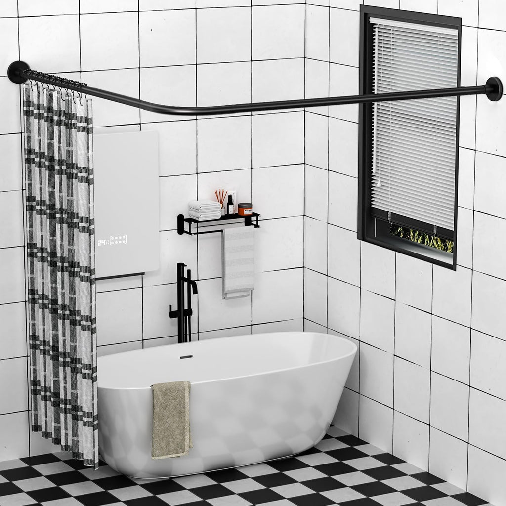 Stretchable 304 Stainless L Shaped Bathroom Bathtub Corner Shower Curtain Rod Rack (Black 24"-69" x 24"-85", Maximum size 114''), Drill Free Install, for Bathroom,Clothing Store,Private space