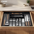 Silverware Drawer Organizer, 9 Slots Expandable Kitchen Drawer Organizer | Extra Large Utensil Holder & Cutlery Tray, Heavy Duty Stainless Steel Frame Flatware Organizer, Non-Slip Feet Included, Black