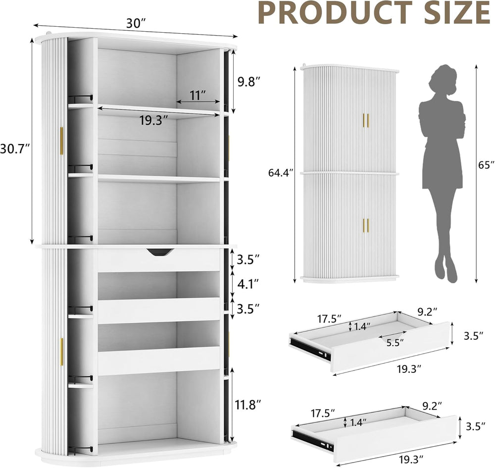 iPormis Kitchen Pantry with Sliding Doors, Tall Modern Curved Pantry Storage ...