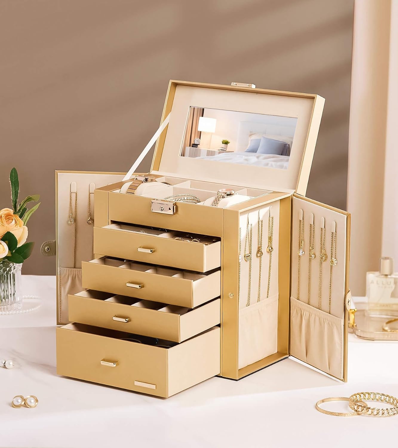 Homde Synthetic Leather Huge Jewelry Box Mirrored Watch Organizer Necklace Ring Earring Storage Lockable Gift Case (Gold)
