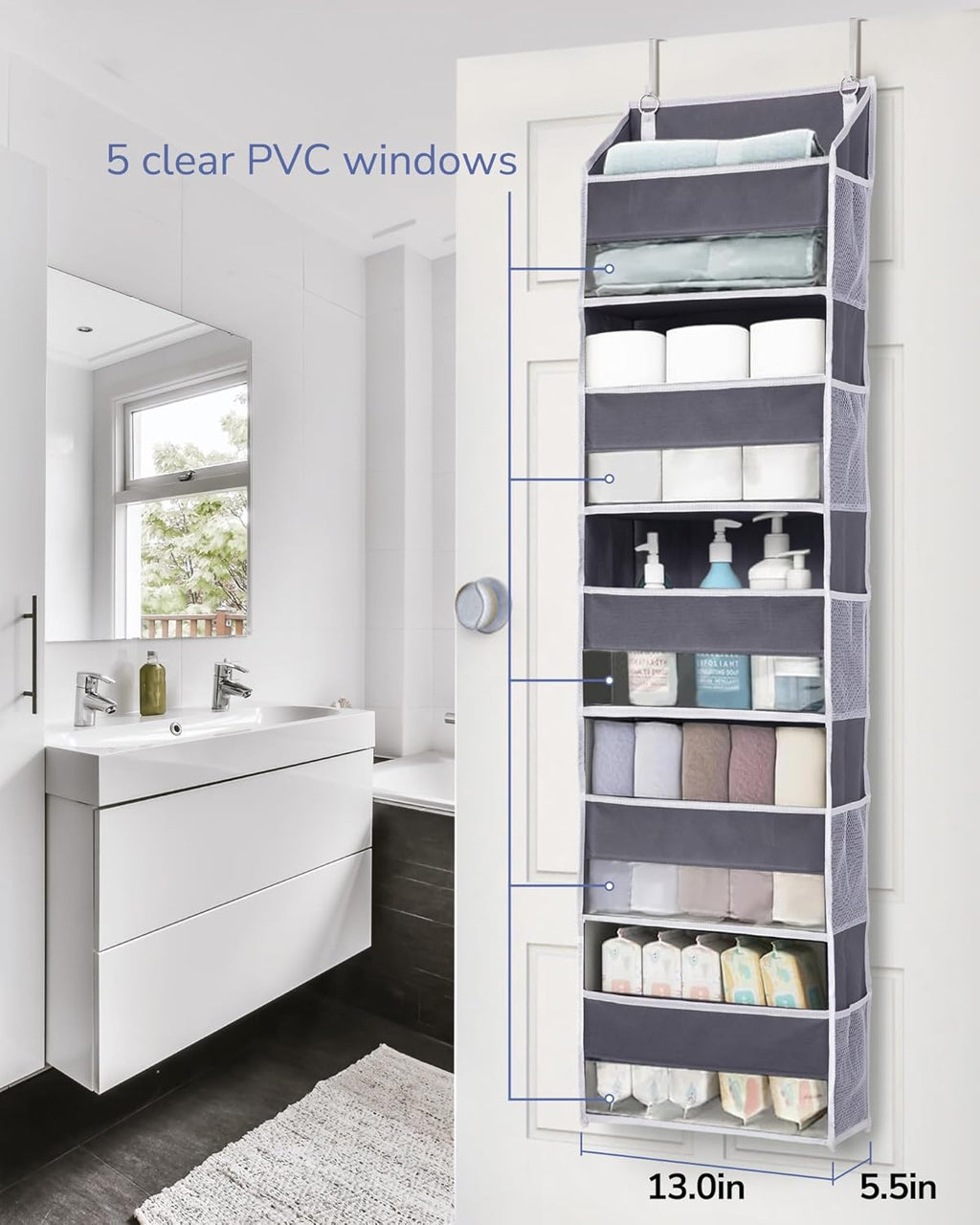 ULG 1 Pack Compact Size Over Door Organizer Slim Door Storage for Small-Sized Doors, 5 Shelves, Dark Gray
